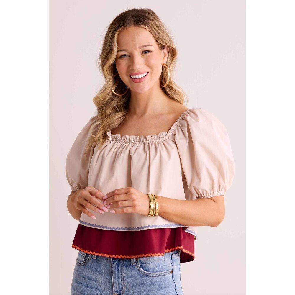 NWT English Factory Womens Pink Red RicRac Trim Layered Poplin Duffy Top Size L